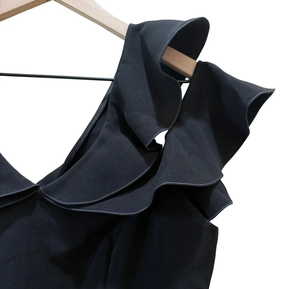 Rachel Zoe Dress Women 6 Black Ruffle Cold‎ Shoulder V-Neck Sheath Delia